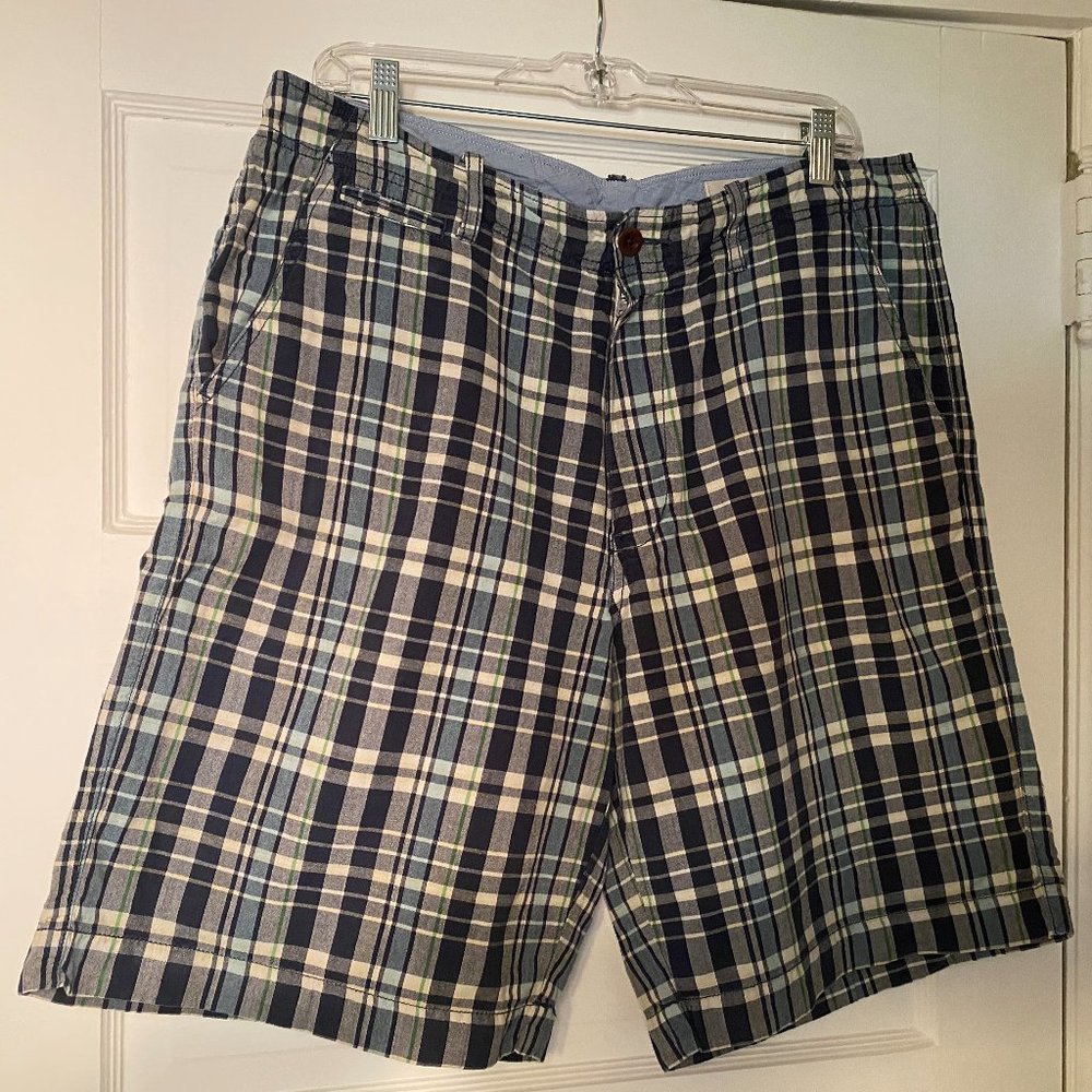 JCrew Madras Flat Front Shorts 35 Blue Green